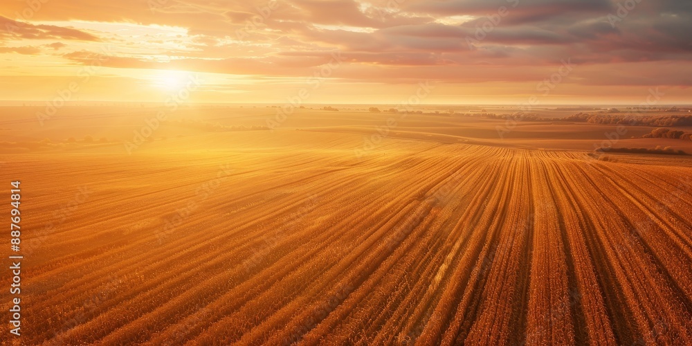 Fototapeta premium Aerial View of Golden Fields at Sunset During Harvest