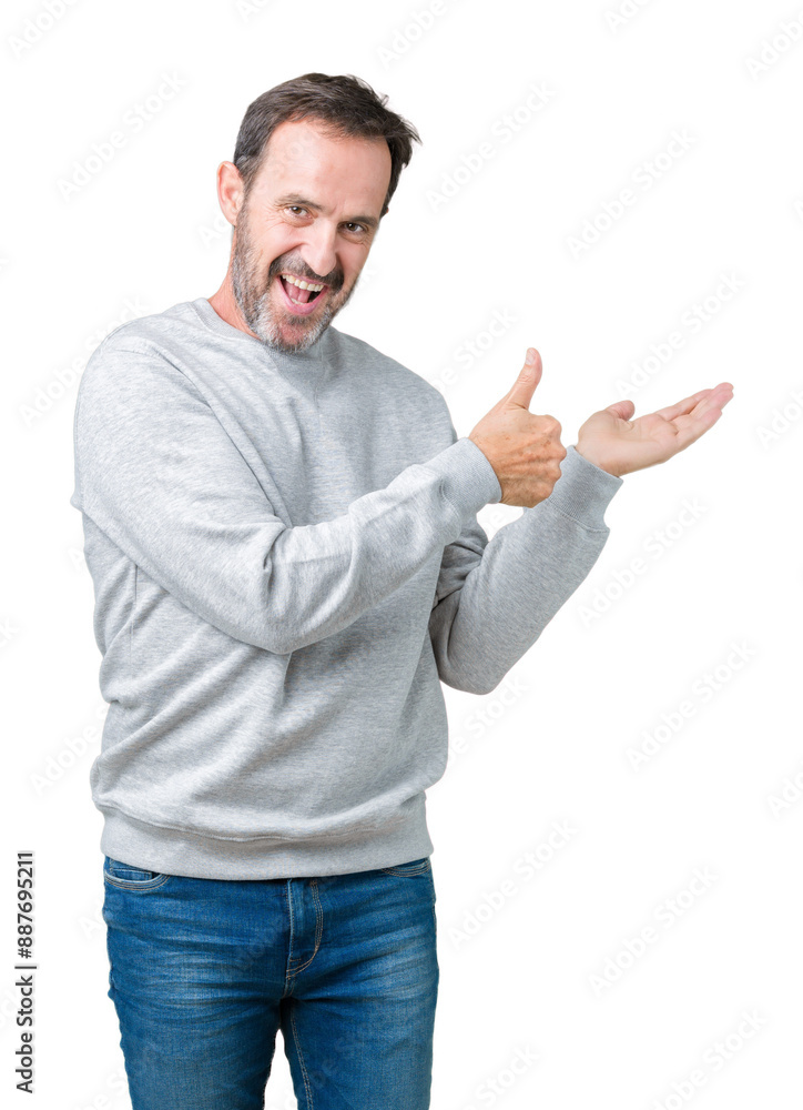 Handsome middle age senior man wearing a sweatshirt over isolated background Showing palm hand and doing ok gesture with thumbs up, smiling happy and cheerful Handsome middle age senior man wearing a sweatshirt over isolated background Showing palm hand and doing ok gesture with thumbs up, smiling happy and cheerful