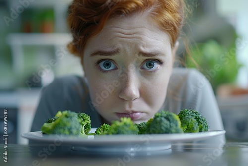 Disappointed woman looking at broccoli meal on the plate. Dieting concept and eating disordeer. Generative Ai