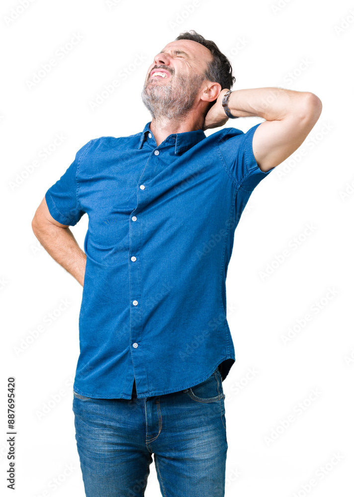 Handsome middle age elegant senior man over isolated background Suffering of neck ache injury, touching neck with hand, muscular pain Handsome middle age elegant senior man over isolated background Suffering of neck ache injury, touching neck with hand, muscular pain