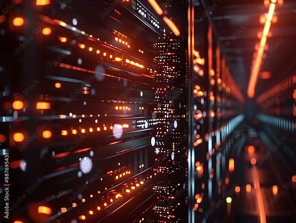 Abstract 3D Server Room with Orange Lights Abstract 3D Server Room with Orange Lights
