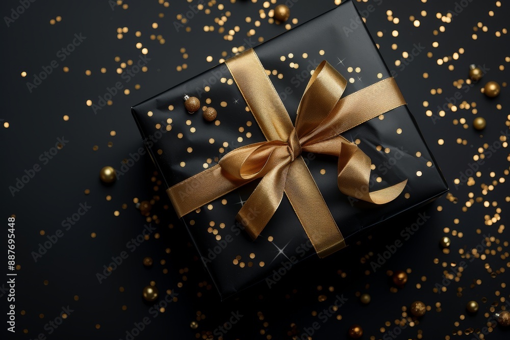 black gift with gold ribbon on a black background, black Friday concept, copy space, place for text black gift with gold ribbon on a black background, black Friday concept, copy space, place for text