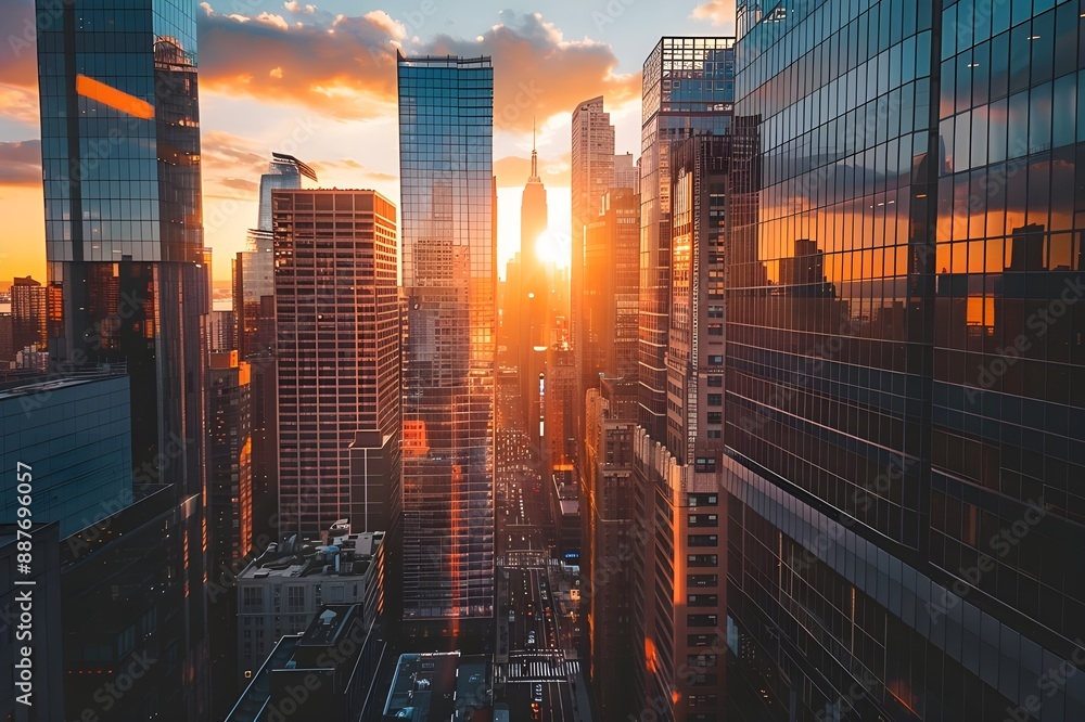 Urban cityscape at sunset with tall skyscrapers Urban cityscape at sunset with tall skyscrapers