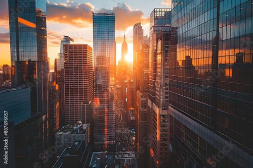 Urban cityscape at sunset with tall skyscrapers
