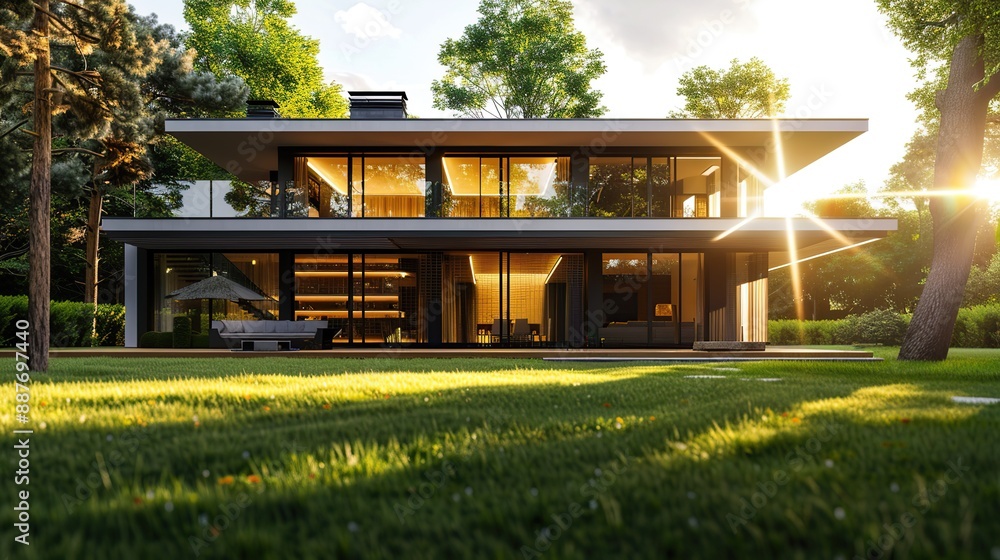 Fototapeta premium Modern villa with large glass windows and terrace, lawn in front of the house, sunlight shining through trees, close-up view of grass from side angle. copy space for text.