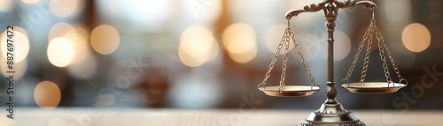 Bronze scales of justice on a table with a blurred bokeh background, symbolizing law and balance. photo