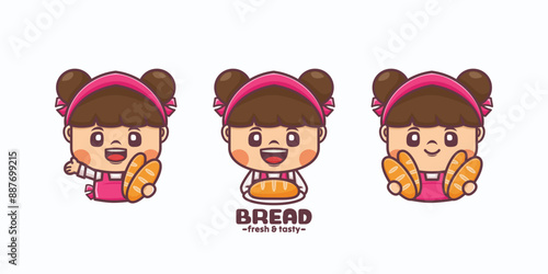 Cute beautiful women cartoon with bread