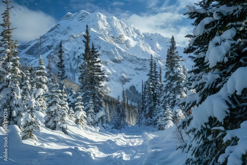 a snow covered mountain with pine trees and snow on the ground