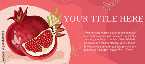 Vector horizontal advertising banner. Hand drawn ripe red pomegranate. Vector fruit packaging design template.