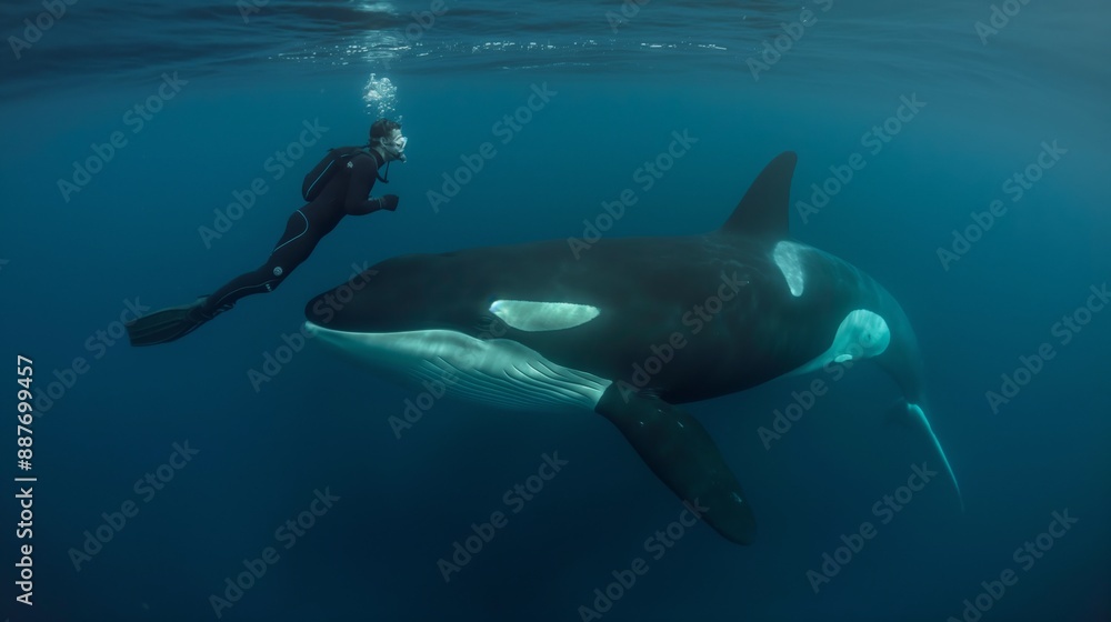 Naklejka premium One man swimming with a terrifyingly huge killer whale that covers the whole ocean encountered underwater