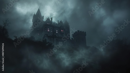 Creepy castle on a hill, dense fog, glowing eyes in windows, supernatural feel, wide shot, dark shadows