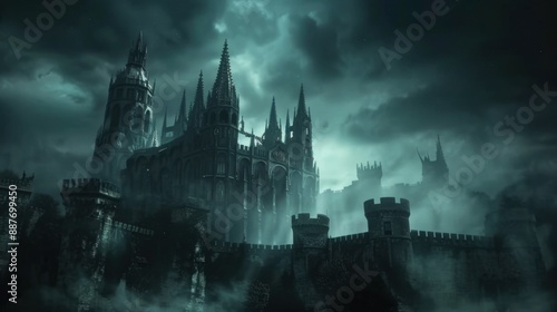 Wallpaper Mural Eerie gothic castle, dark night sky, howling wind, ancient architecture, wide shot, ghostly appearance, Torontodigital.ca