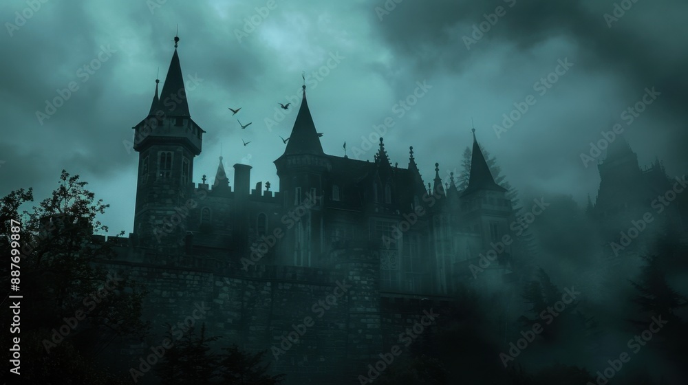 Spooky medieval castle, foggy environment, bats flying, sinister ambiance, wide shot, dark clouds, Spooky medieval castle, foggy environment, bats flying, sinister ambiance, wide shot, dark clouds,