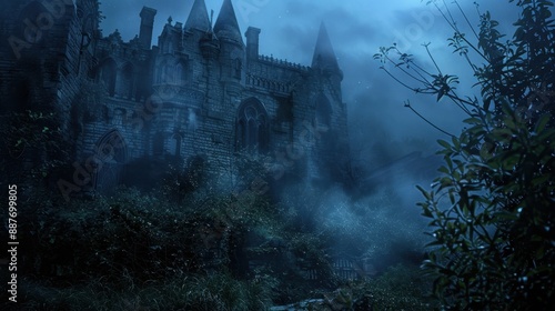 Crumbling ancient castle, twilight setting, eerie light, ghostly presence, wide shot, chilling aura,