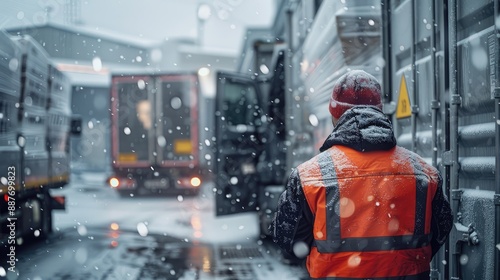 Wallpaper Mural A worker in a high-visibility vest stands outside in snowy weather, overseeing the loading and unloading of trucks. Highlights logistics, transportation, and operations in challenging conditions. Torontodigital.ca