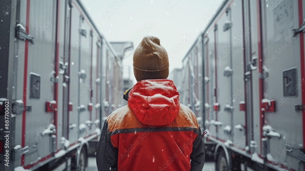 Fototapeta premium A worker in a high-visibility vest stands outside in snowy weather, overseeing the loading and unloading of trucks. Highlights logistics, transportation, and operations in challenging conditions.