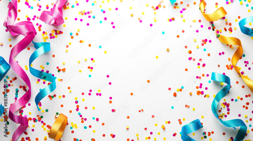 Obraz premium Colorful confetti and ribbons on white background. Birthday celebration template.