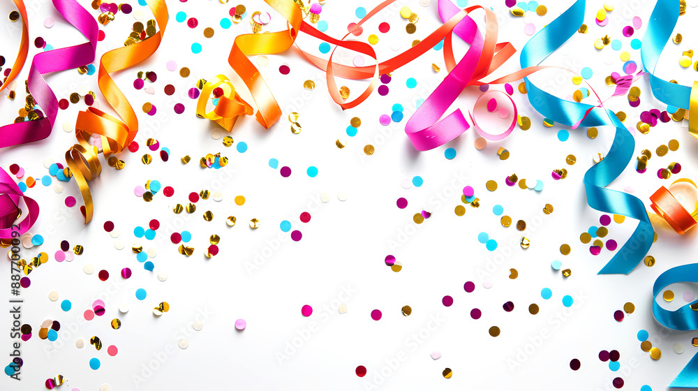 Obraz premium Colorful confetti and ribbons on white background. Birthday celebration template.