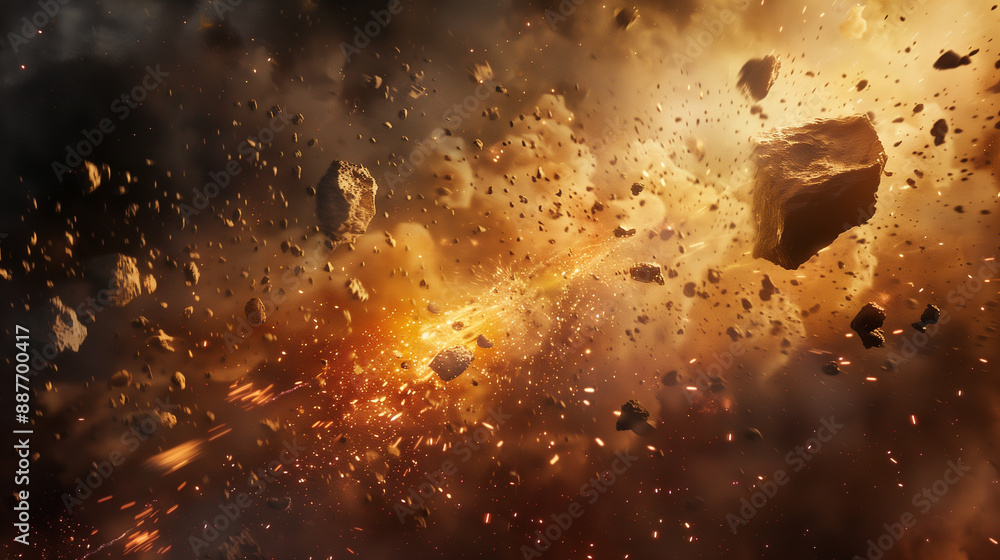 Obraz premium Flying debris, dust and other materials become airborne after an explosion, creating a swirling and turbulent atmosphere 