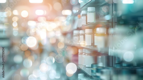 A blurred perspective of a modern medicine cabinet. The soft focus and bokeh effect add depth and ambiance to the professional, corporate environment.