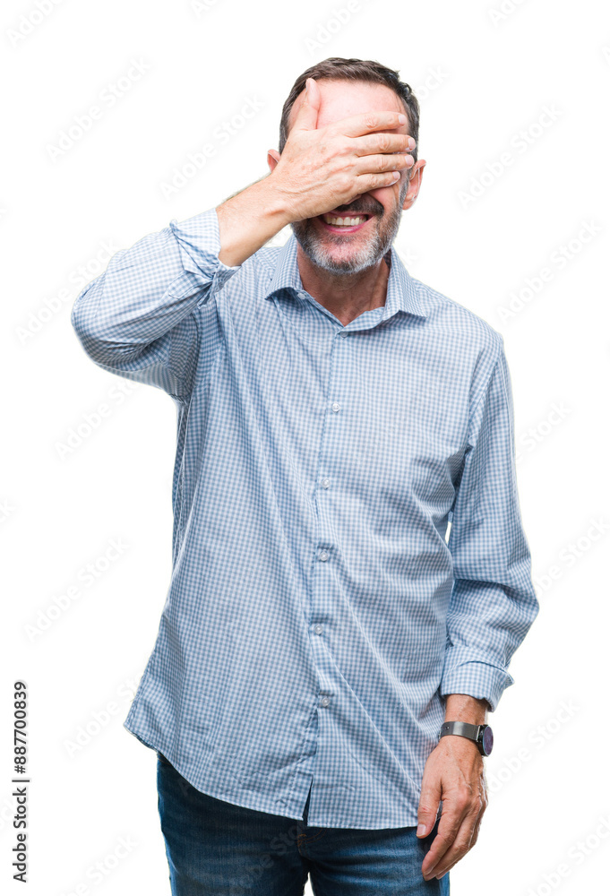 Middle age hoary senior business man over isolated background smiling and laughing with hand on face covering eyes for surprise. Blind concept. Middle age hoary senior business man over isolated background smiling and laughing with hand on face covering eyes for surprise. Blind concept.