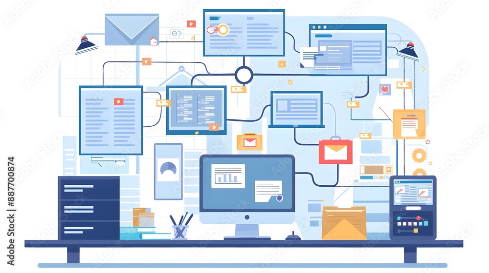 An organized office with digital tools and flowcharts displaying the systematic approach to enhancing workflow efficiency, adaptability, and effectiveness An organized office with digital tools and flowcharts displaying the systematic approach to enhancing workflow efficiency, adaptability, and effectiveness