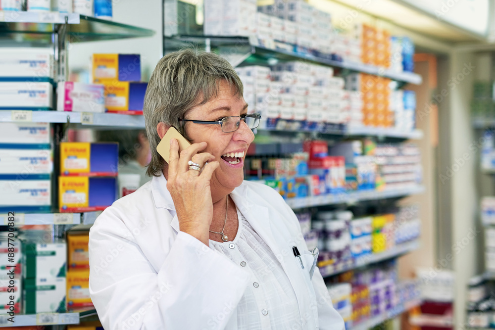 Female pharmacist, pharmacy and phone call with communication for medical job or healthcare, discussion for medicine or stock. Woman, drug store and working with mobile for telehealth or advice Female pharmacist, pharmacy and phone call with communication for medical job or healthcare, discussion for medicine or stock. Woman, drug store and working with mobile for telehealth or advice