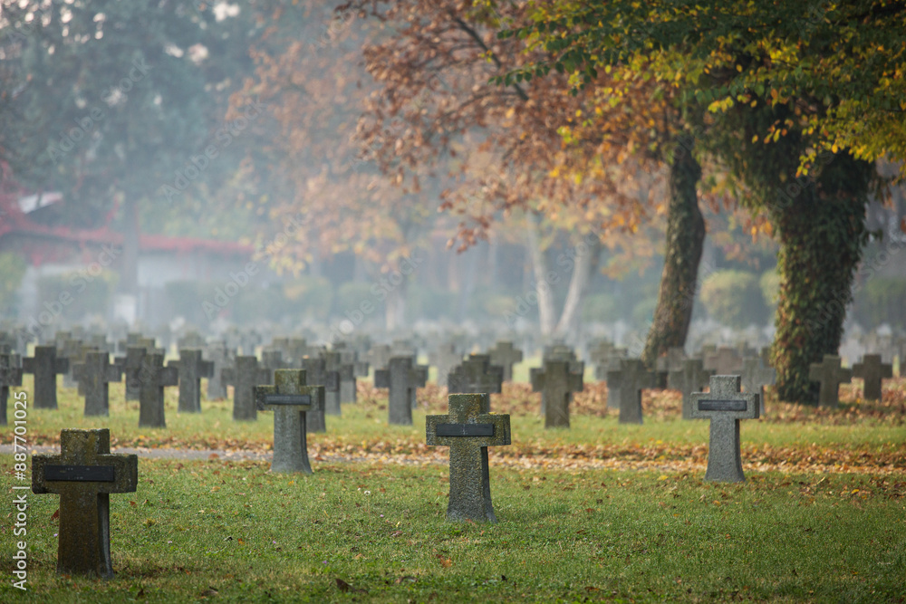 Unknown cemetery in autumn with colourful leafs