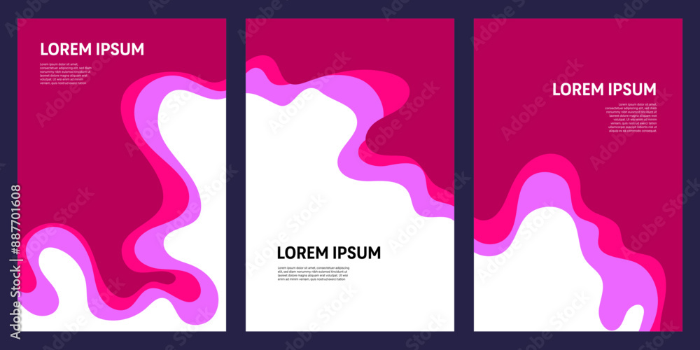 Set of three abstract backgrounds with flowing waves in pink and purple colors for template banner cover design Set of three abstract backgrounds with flowing waves in pink and purple colors for template banner cover design