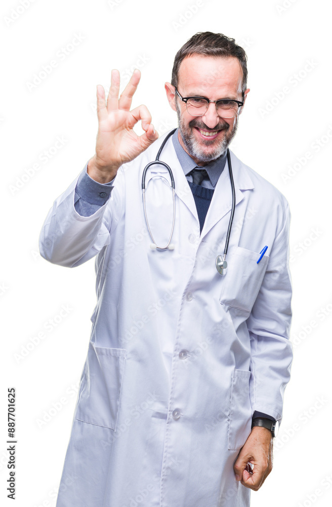 Middle age senior hoary doctor man wearing medical uniform isolated background smiling positive doing ok sign with hand and fingers. Successful expression. Middle age senior hoary doctor man wearing medical uniform isolated background smiling positive doing ok sign with hand and fingers. Successful expression.