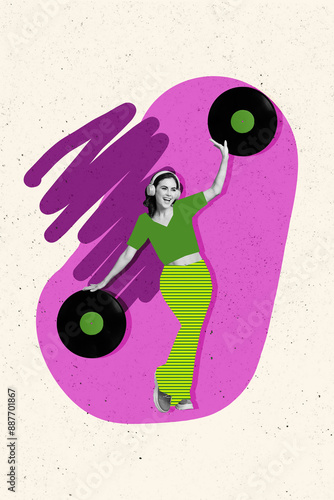 Composite trend artwork sketch image photo collage of retro music vintage recorder player vinyl disk young lady listen headphones dance photo