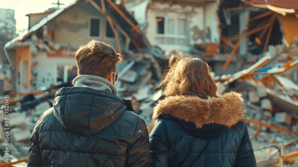Unhappy people look at the destroyed house after the earthquake disaster. Despair and tragedy Unhappy people look at the destroyed house after the earthquake disaster. Despair and tragedy