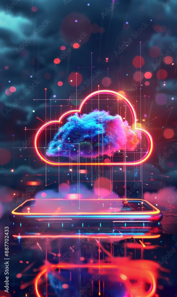 Obraz premium Futuristic technology concept, cloud computing concept. Phone with technological interface and clouds. On dark background.