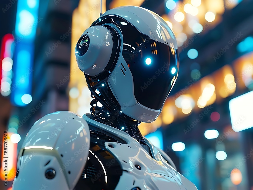 3D Illustration of a White Robot Head with Glowing Blue Eyes in a City Setting 3D Illustration of a White Robot Head with Glowing Blue Eyes in a City Setting