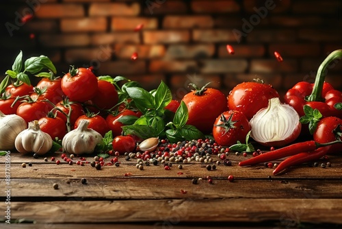 Vibrant display of fresh farm vegetables and spices on a wooden table photo