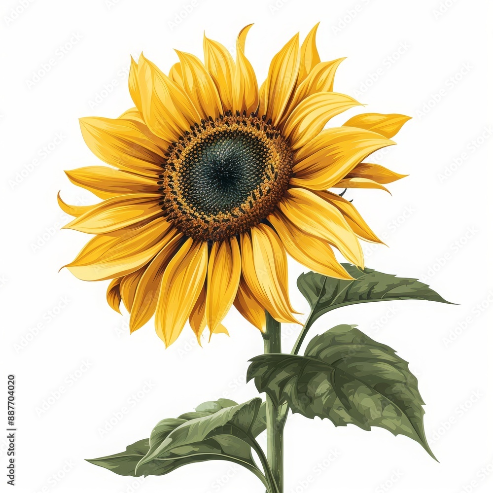 Naklejka premium sunflower illustration on a white background, Sunflower with leaves and stem isolated on white background, Ai generated