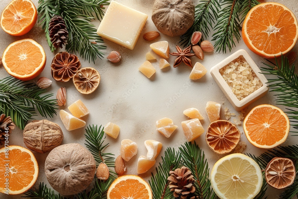Natural Spa Ingredients Frame Fresh Citrus Fruits Nuts Pine Cones Natural Spa Ingredients Frame Fresh Citrus Fruits Nuts Pine Cones