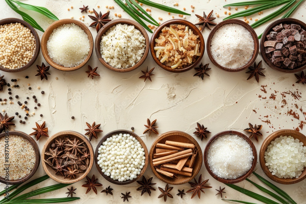 Various spices and ingredients in wooden bowls on a beige background Various spices and ingredients in wooden bowls on a beige background