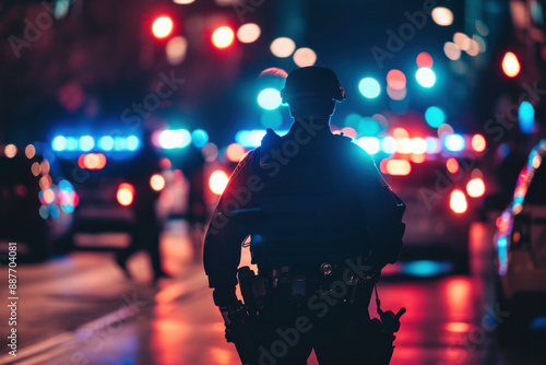 Armed SWAT police officer outdoors. Soldier with rifle at night street. Generated AI