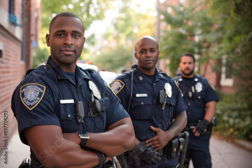 Portrait of policemen outdoors. Police officers or cops on street. Cops at work. Generated AI
