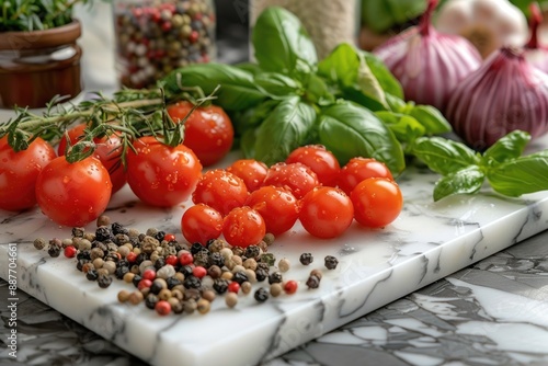 Fresh cherry tomatoes basil and spices on marble kitchen counter photo