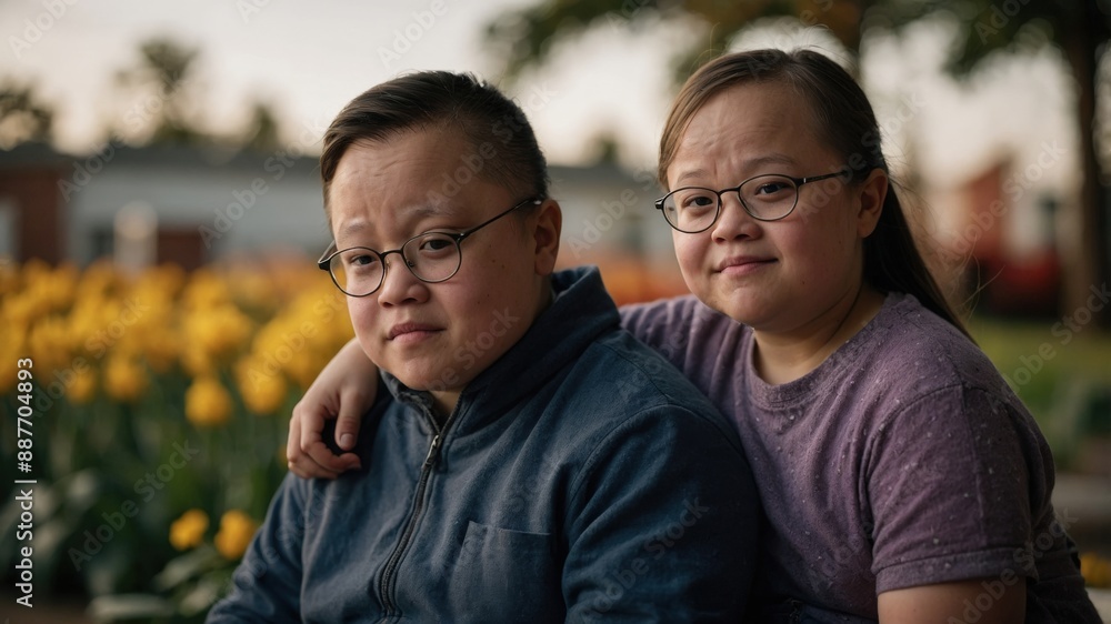 Two siblings with Down syndrome, wearing glasses, hugging and smiling warmly while sitting outdoors in a garden with yellow flowers.
Two siblings with Down syndrome, wearing glasses, hugging and smiling warmly while sitting outdoors in a garden with yellow flowers.