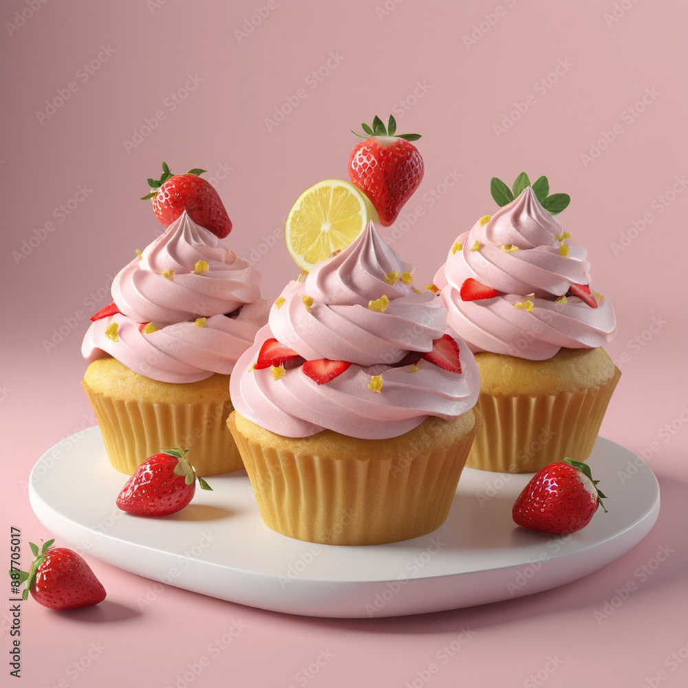 3D Vegan Lemon Strawberry Cupcakes. Strawberry Topped Cupcakes. Strawberry on fork topping freshly baked cupcakes 3D Vegan Lemon Strawberry Cupcakes. Strawberry Topped Cupcakes. Strawberry on fork topping freshly baked cupcakes