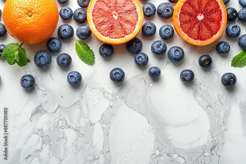 Colorful composition of fresh citrus fruits and blueberries on marble background photo