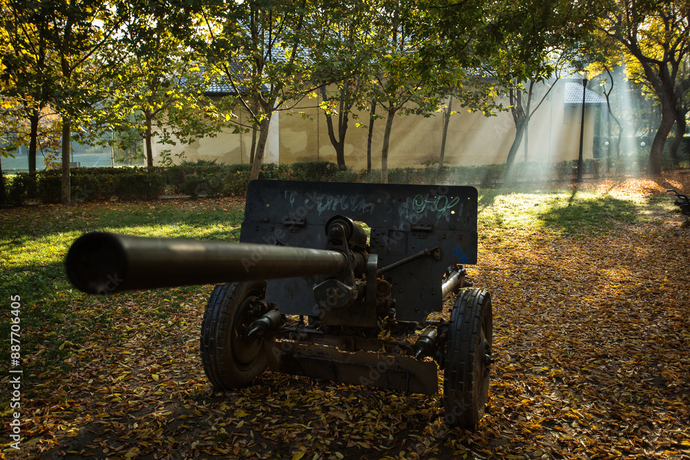 Old cannon in a park in autumn seson with rays of light in background