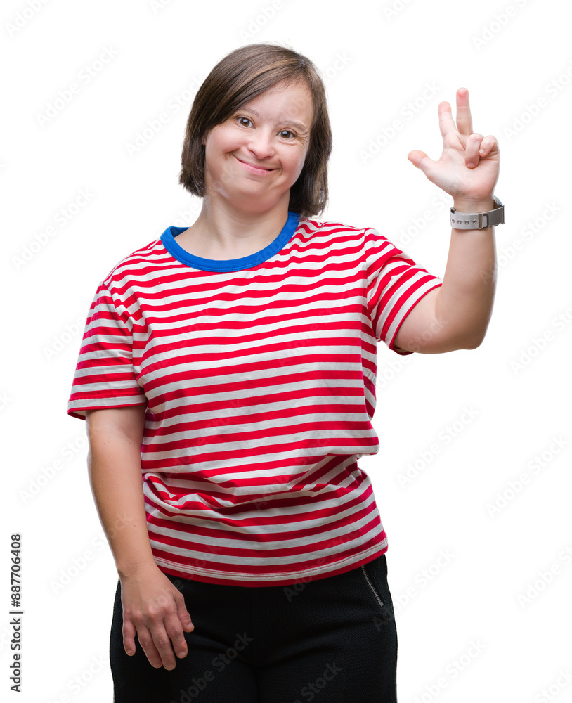 Young adult woman with down syndrome over isolated background showing and pointing up with fingers number three while smiling confident and happy. Young adult woman with down syndrome over isolated background showing and pointing up with fingers number three while smiling confident and happy.