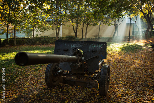 Old cannon in a park in autumn seson with rays of light in background photo