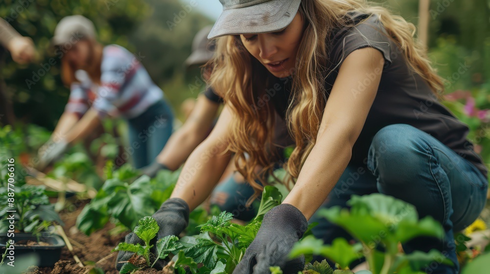 A woman is kneeling down in a garden, tending to plants A woman is kneeling down in a garden, tending to plants