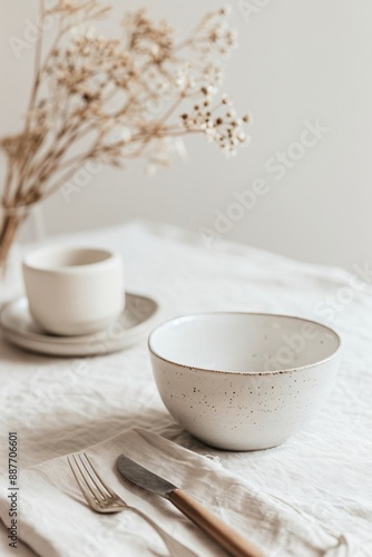 Ceramic bowl and cup with dried flowers on a dining table. Minimalist photography. Rustic dining concept. Design for interior, poster, wallpaper. Closeup with copy space.