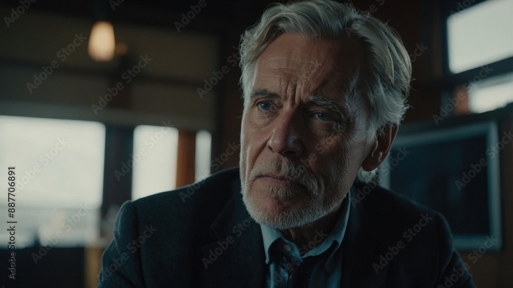Elderly man with gray hair and beard, dressed in a suit, sitting in a dimly lit room with a pensive expression.
Elderly man with gray hair and beard, dressed in a suit, sitting in a dimly lit room with a pensive expression.